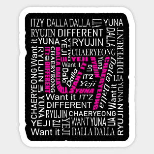 ITZY NAMES AND MUSIC COLLAGE PINK WHITE Sticker